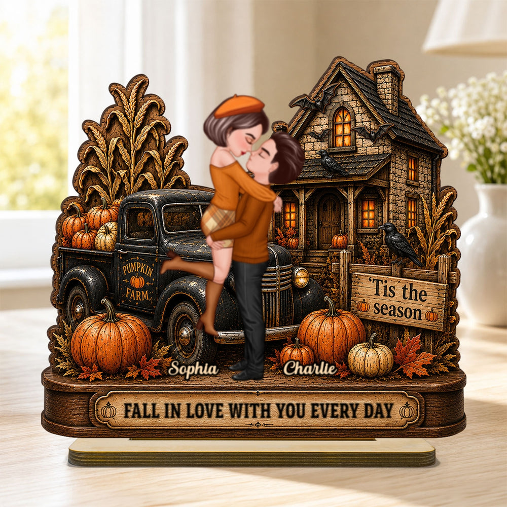 Fall in Love with You Couple Fall Season - Personalized 2-Layered Wooden Plaque - Haunted House Halloween Decor
