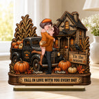 Fall in Love with You Couple Fall Season - Personalized 2-Layered Wooden Plaque - Haunted House Halloween Decor