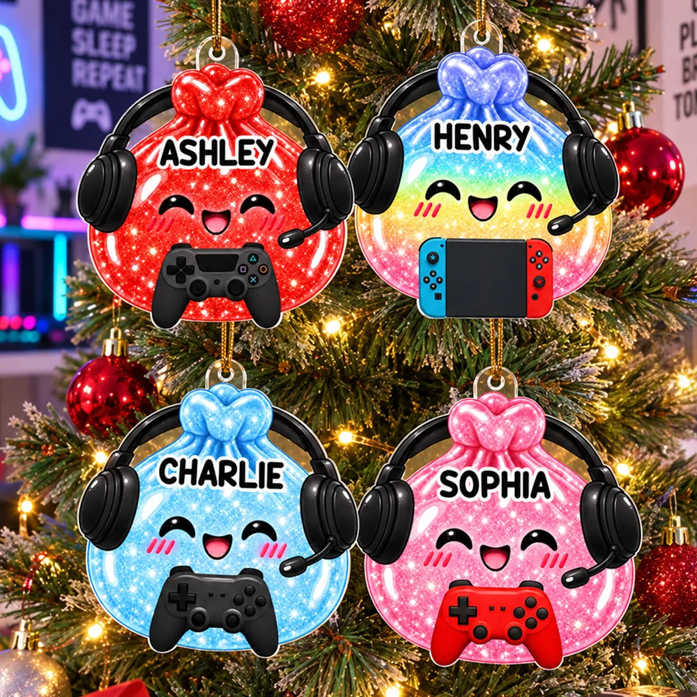Cute Funny Gamer Dumpling Dim Sum Custom Name - Personalized Acrylic Ornament - Christmas Gift, Keepsake For Kids, Teenagers, Gamers