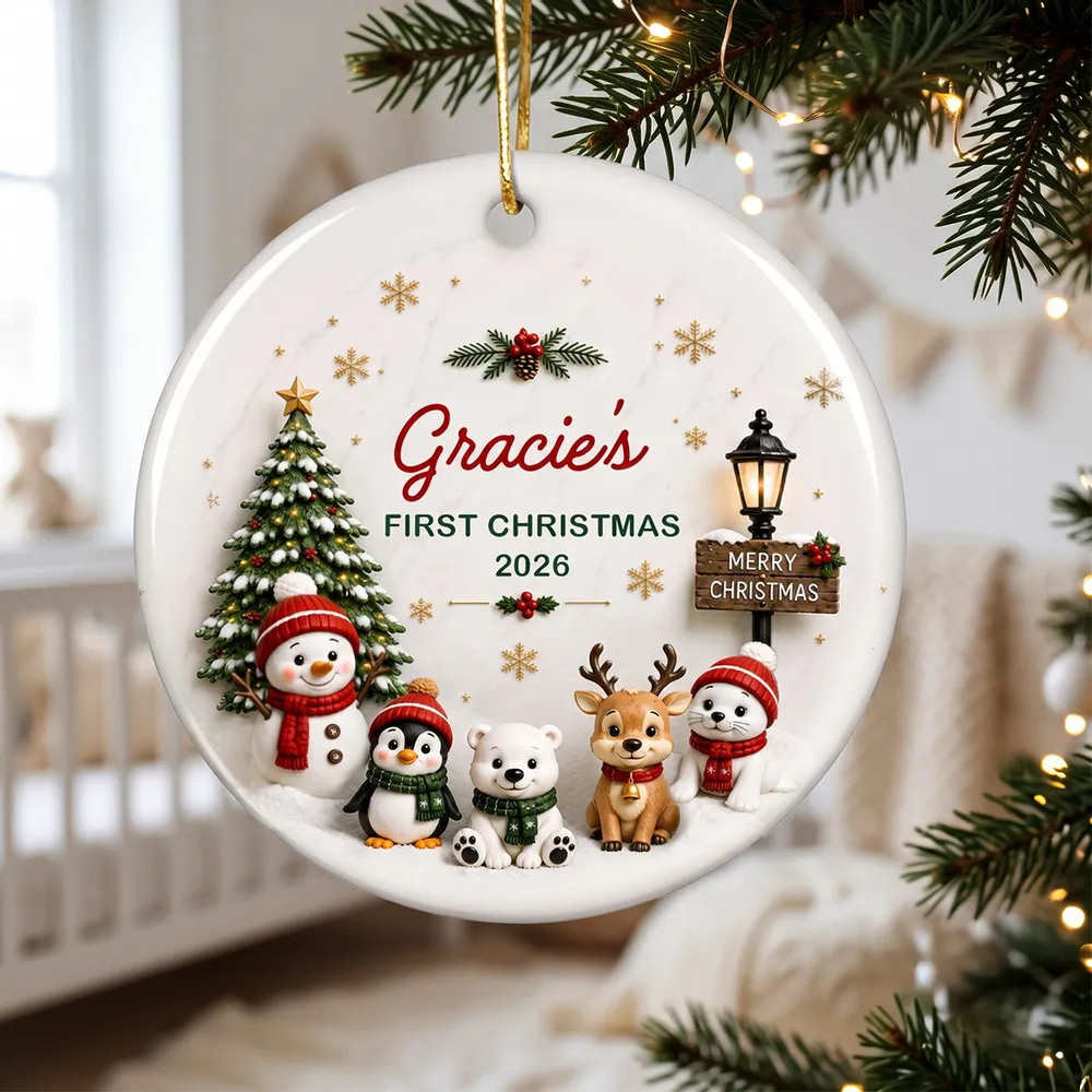 Cute Winter Friends Baby’s First Christmas - Personalized Ceramic 2026 Ornament – Christmas Keepsake