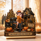 Fall in Love with You Couple Fall Season - Personalized 2-Layered Wooden Plaque - Haunted House Halloween Decor
