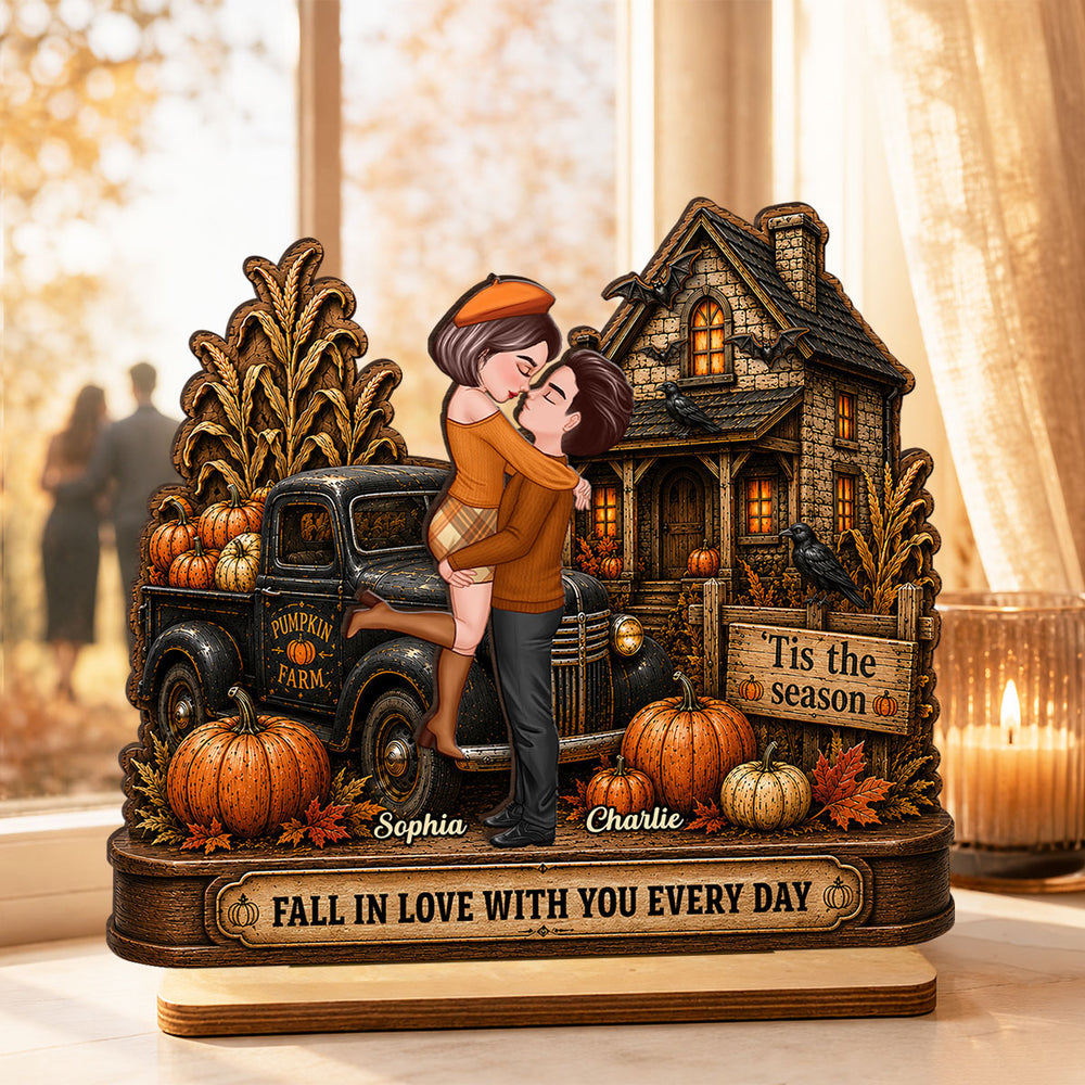 Fall in Love with You Couple Fall Season - Personalized 2-Layered Wooden Plaque - Haunted House Halloween Decor