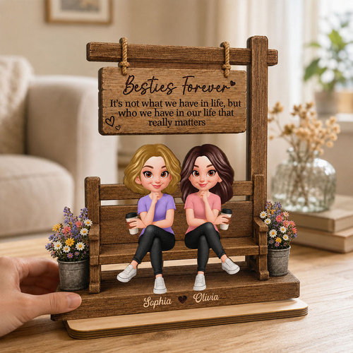 Besties Sitting Under Sign Post 2D Flat - Personalized Wooden Plaque - Friendship Keepsake