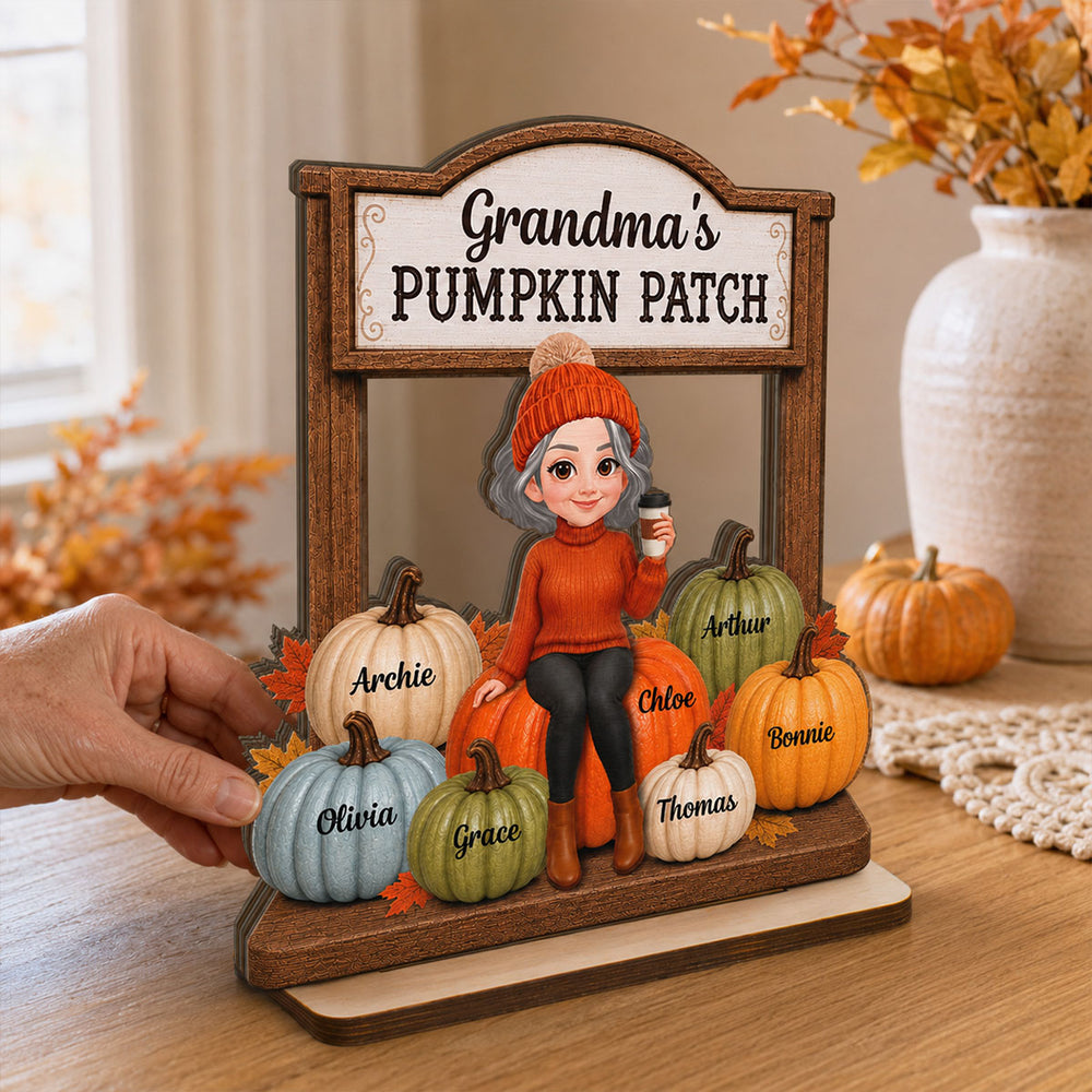 Grandma’s Pumpkin Patch With Grandkids Names 2D Flat - Wooden Plaque - Warm Cozy Fall Season Gift