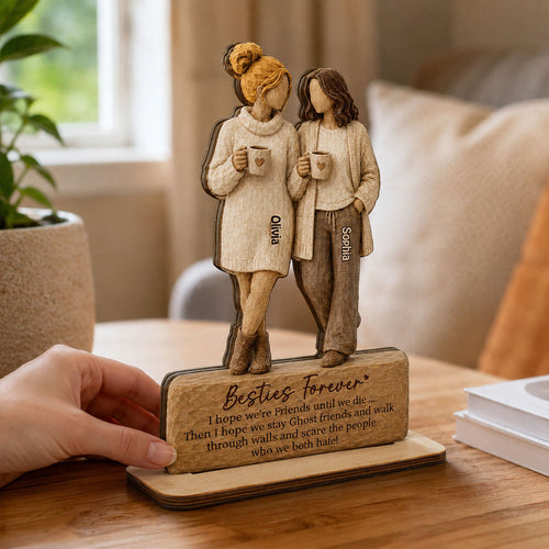 Besties Forever Coffee Date Girls 2D Flat - Personalized 2-Layered Wooden Plaque - Friendship Keepsake