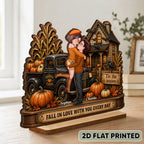 Fall in Love with You Couple Fall Season - Personalized 2-Layered Wooden Plaque - Haunted House Halloween Decor