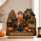 Fall in Love with You Couple Fall Season - Personalized 2-Layered Wooden Plaque - Haunted House Halloween Decor