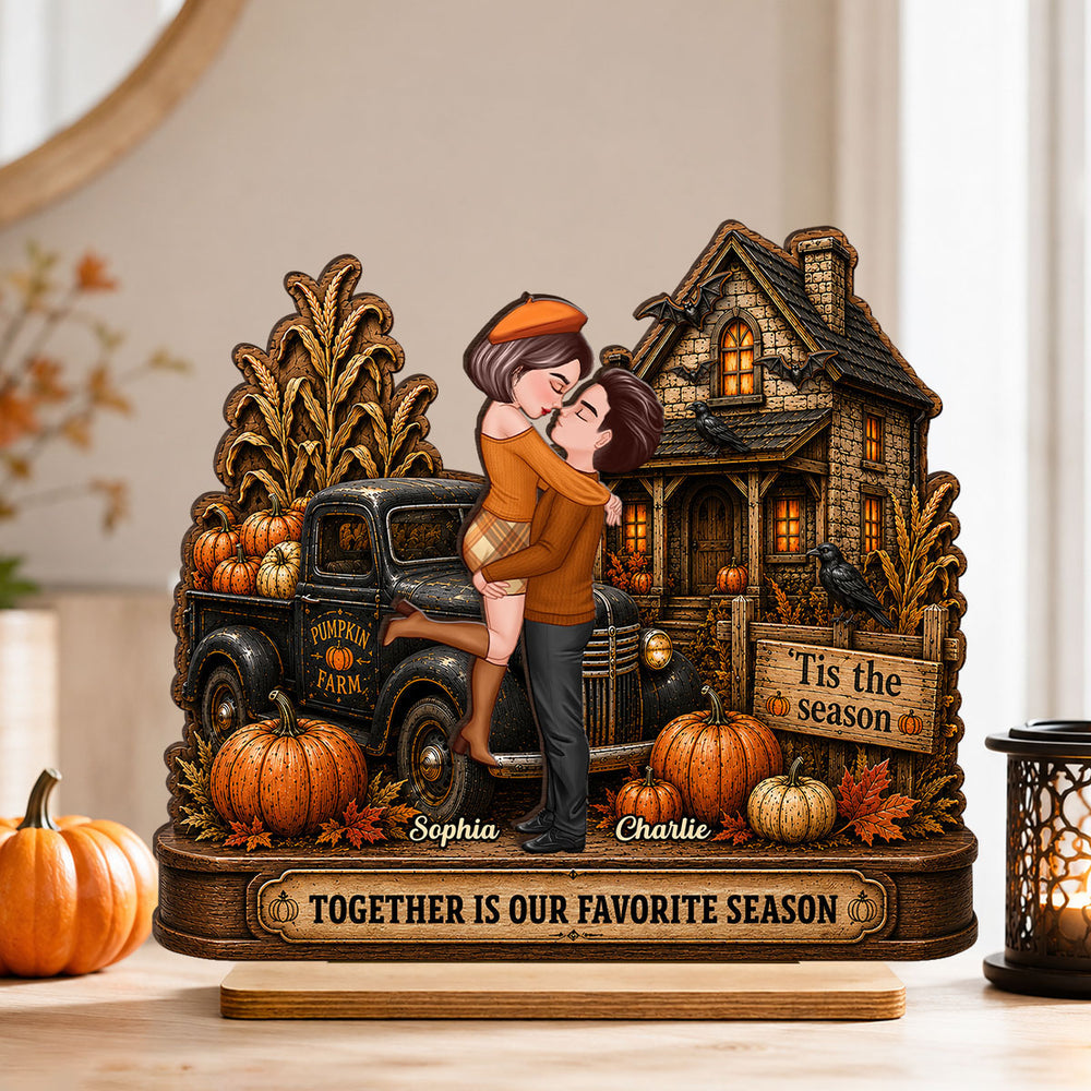 Fall in Love with You Couple Fall Season - Personalized 2-Layered Wooden Plaque - Haunted House Halloween Decor