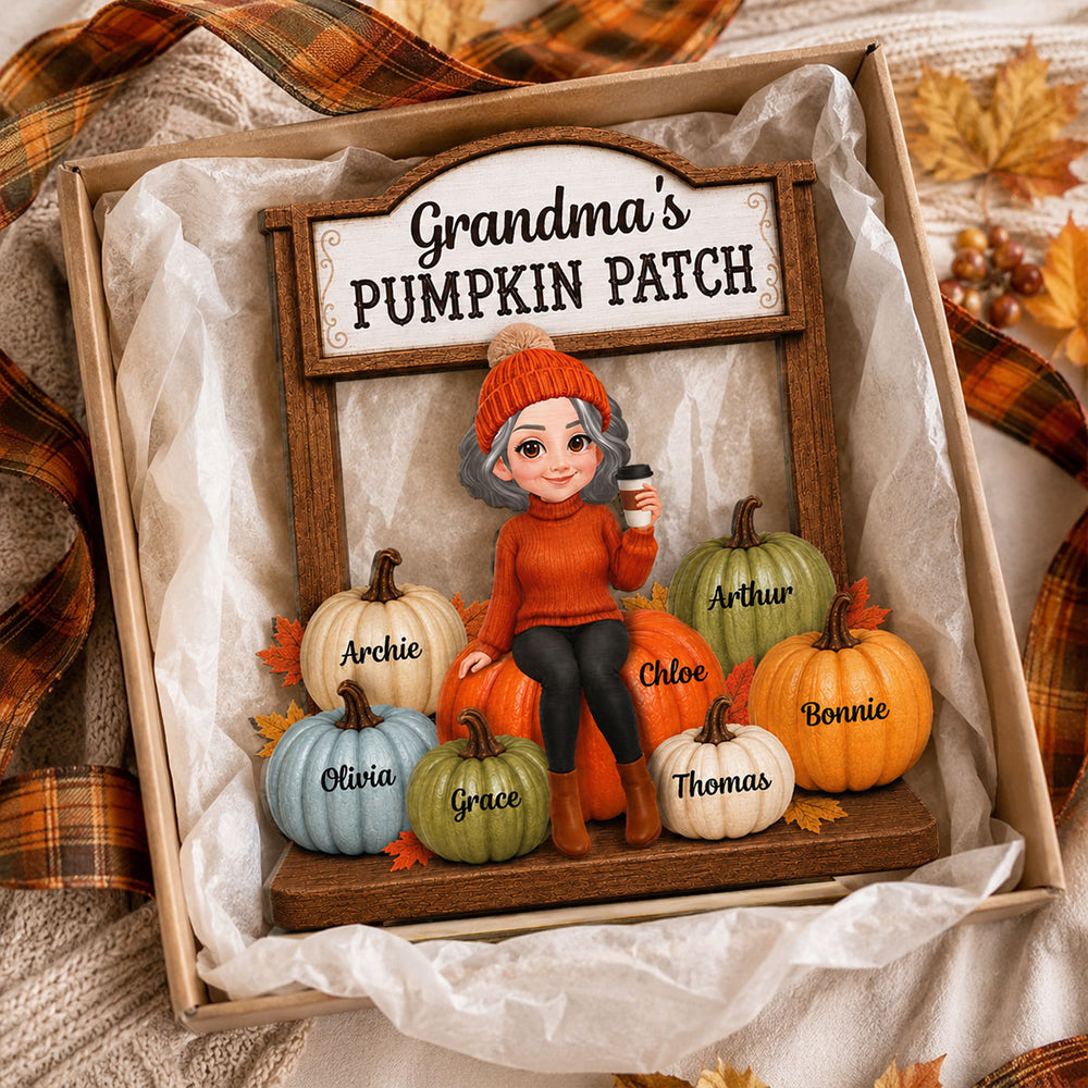 Grandma’s Pumpkin Patch With Grandkids Names 2D Flat - Wooden Plaque - Warm Cozy Fall Season Gift
