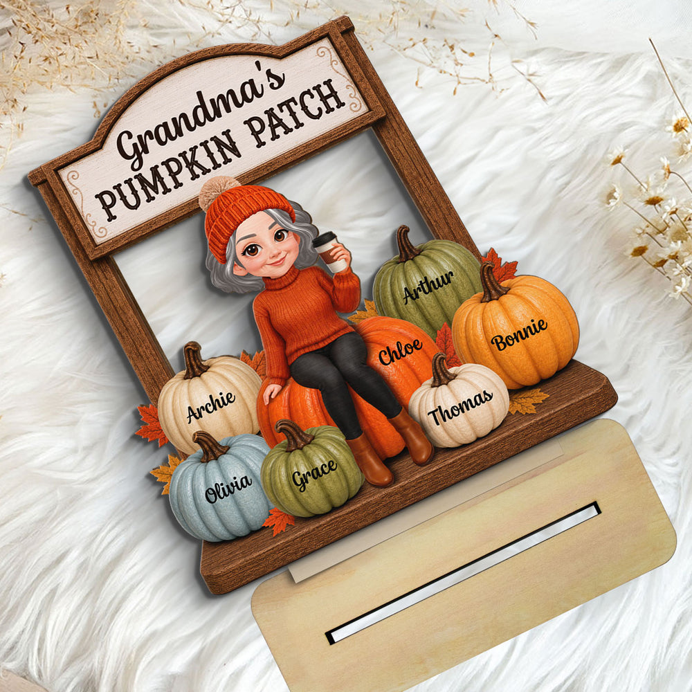 Grandma’s Pumpkin Patch With Grandkids Names 2D Flat - Wooden Plaque - Warm Cozy Fall Season Gift