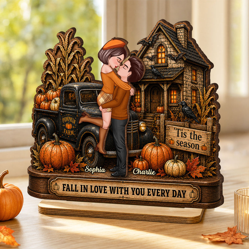 Fall in Love with You Couple Fall Season - Personalized 2-Layered Wooden Plaque - Haunted House Halloween Decor
