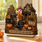 Fall in Love with You Couple Fall Season - Personalized 2-Layered Wooden Plaque - Haunted House Halloween Decor