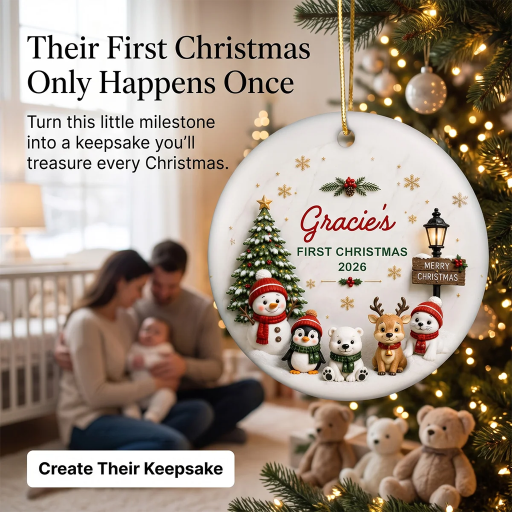 Cute Winter Friends Baby’s First Christmas - Personalized Ceramic 2026 Ornament – Christmas Keepsake