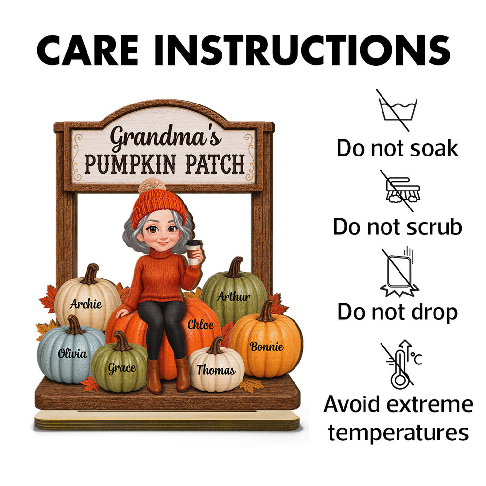 Grandma’s Pumpkin Patch With Grandkids Names 2D Flat - Wooden Plaque - Warm Cozy Fall Season Gift