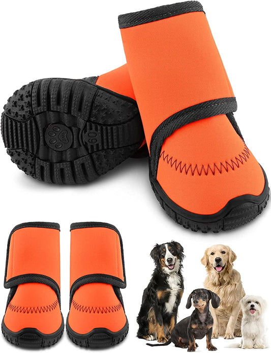 Waterproof Dog Shoes Fluorescent Orange Dog Boots Adjustable Straps and Rugged Anti-Slip Sole Paw Protectors