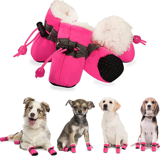 Dog Boots & Paw Protectors, Fleece Warm Snow Booties for Puppy with Reflective Strip Anti-Slip Rubber Sole