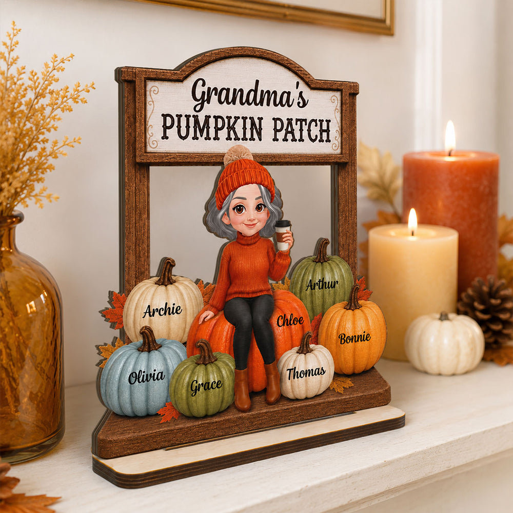 Grandma’s Pumpkin Patch With Grandkids Names 2D Flat - Wooden Plaque - Warm Cozy Fall Season Gift