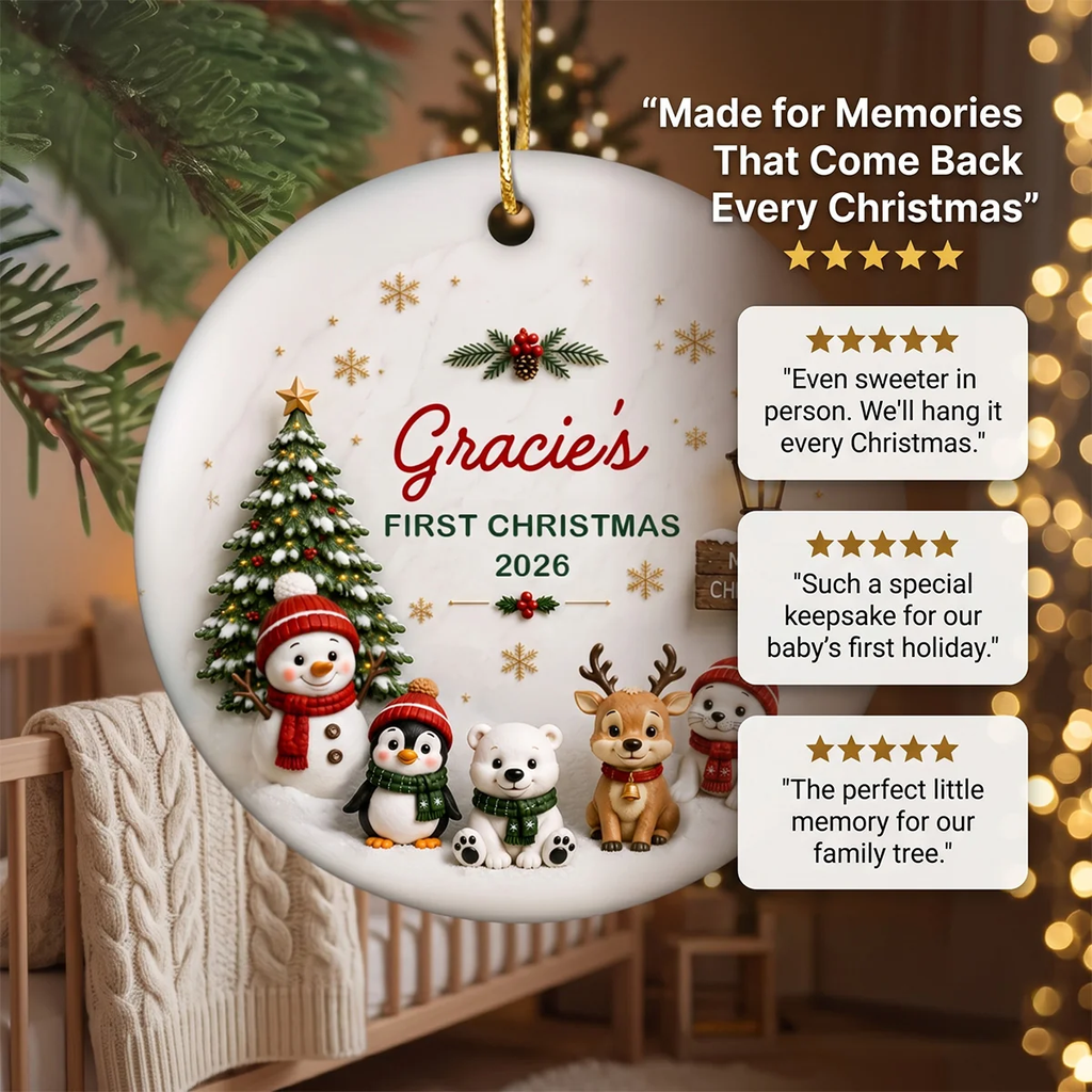 Cute Winter Friends Baby’s First Christmas - Personalized Ceramic 2026 Ornament – Christmas Keepsake