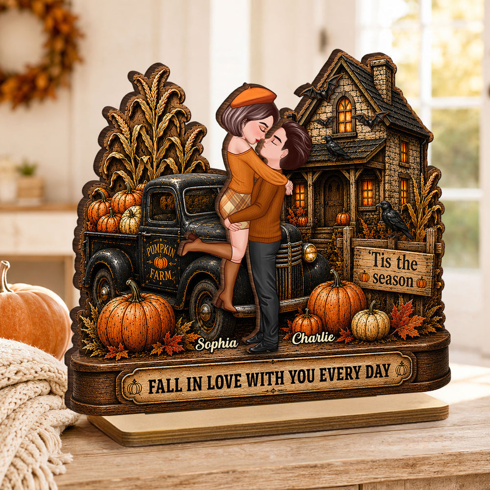 Fall in Love with You Couple Fall Season - Personalized 2-Layered Wooden Plaque - Haunted House Halloween Decor