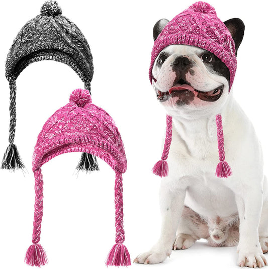 2 Pieces Warm Pom Hat Party Knit Dog Beanie Puppy Dog Cap with Ear Holes Pet Knitted Snood Headwear for Christmas