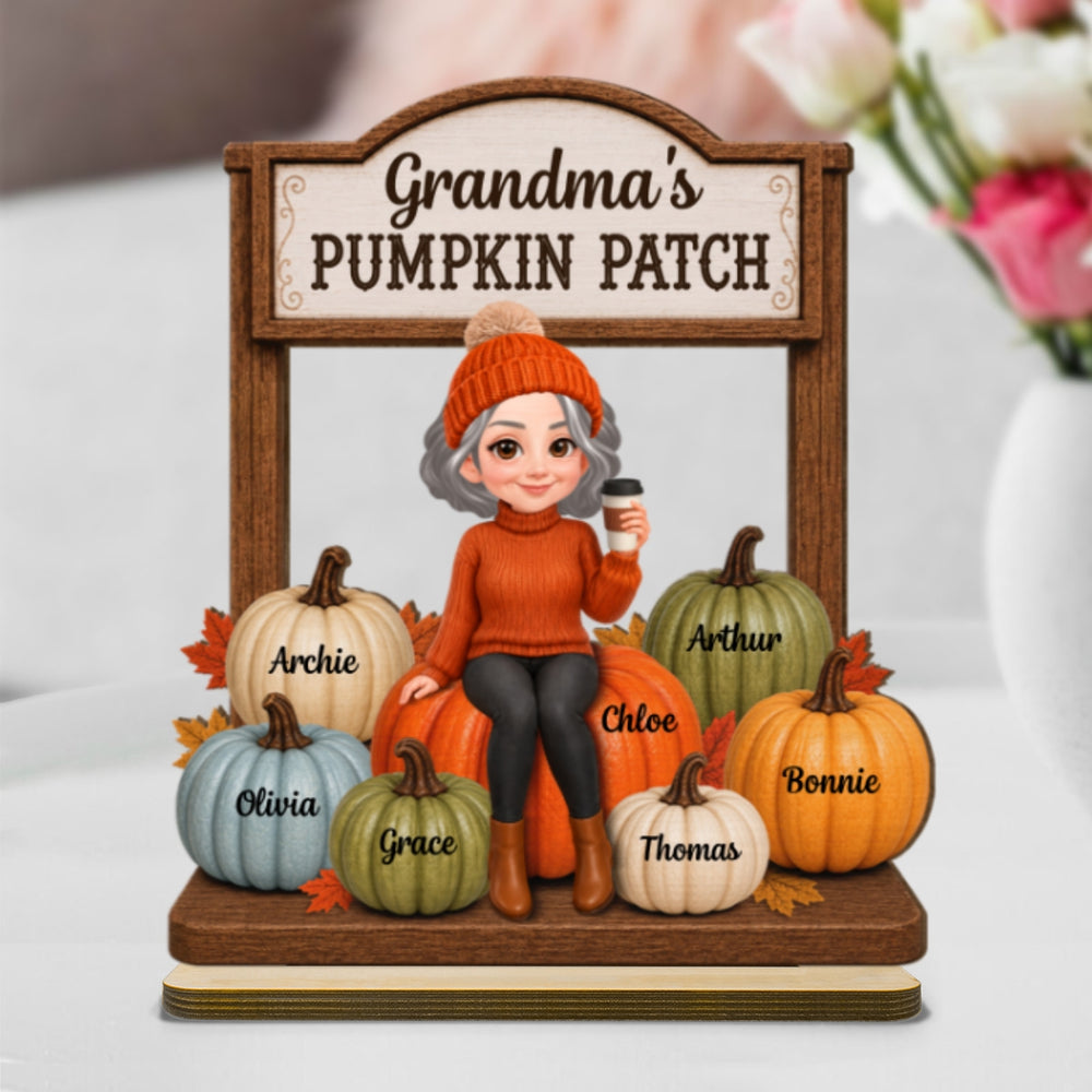 Grandma’s Pumpkin Patch With Grandkids Names 2D Flat - Wooden Plaque - Warm Cozy Fall Season Gift