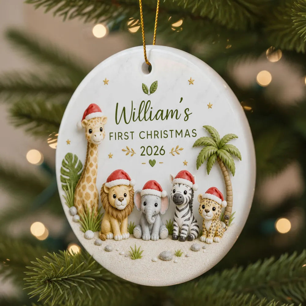 Baby’s First Christmas Safari Animals 2D Flat - Personalized Ceramic Ornament - Christmas Keepsake