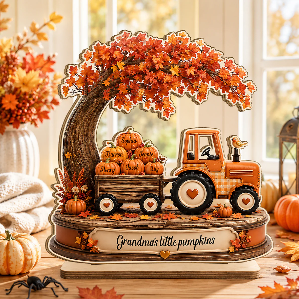 Grandma's Little Pumpkins Tracktor Autumn - Personalized 2-Layered Wooden Plaque - Fall Season Decor Gift, Gift For Grandma