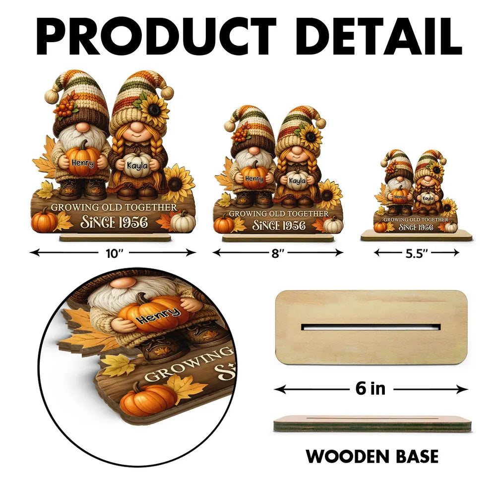 Gnome Couple Growing Old Together Personalized Standing Wooden Plaque, Fall Decor for Couple