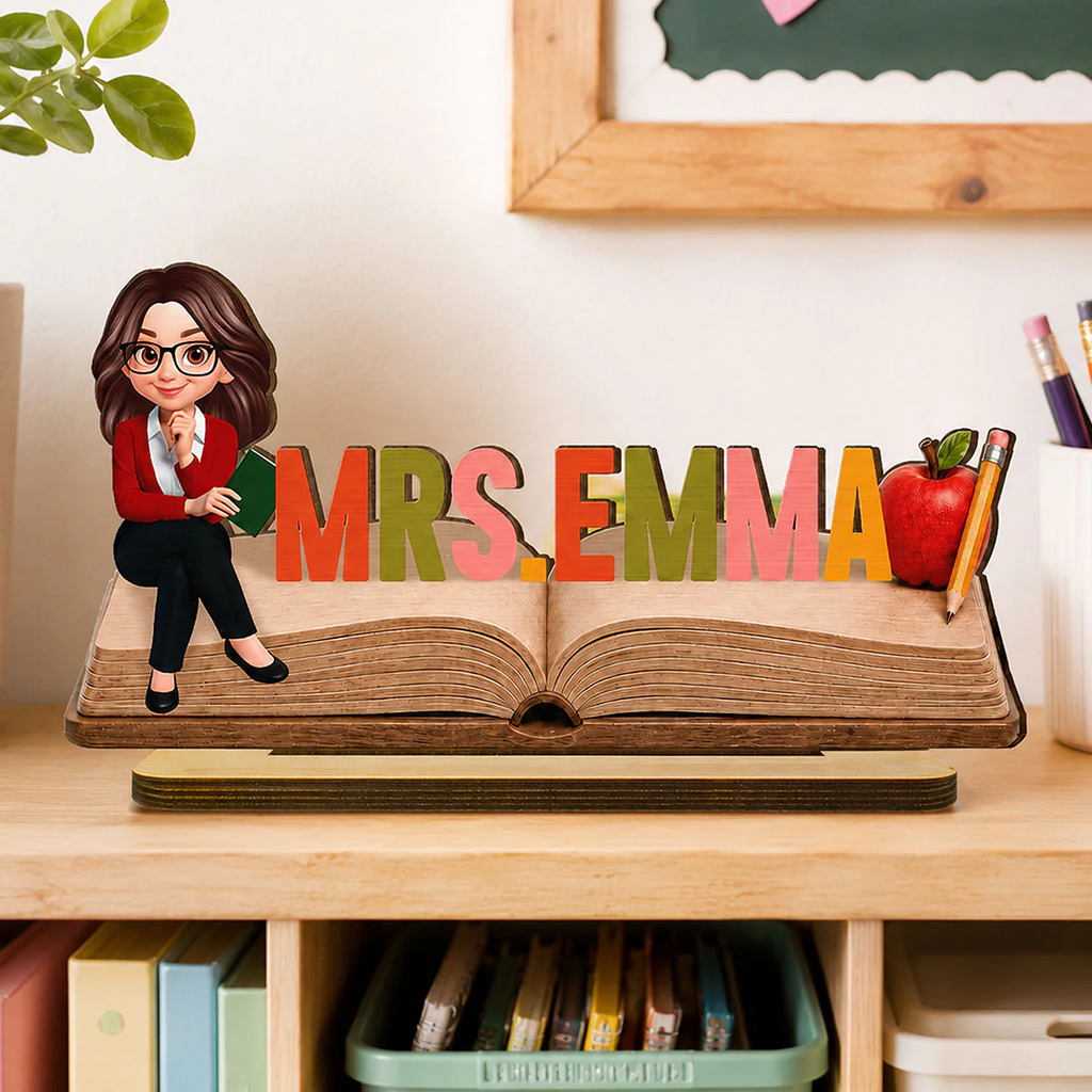 Open Book Teacher Name Sign - Personalized Wooden Plaque - Back To School Gift