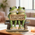 3D Effect Cottagecore Retro Aesthetic Frog Couple Hoppy Happy Together - Personalized 2-Layered Wooden Plaque - Valentine's Day, Anniversary Gift For Couple, Gift For Him, For Her