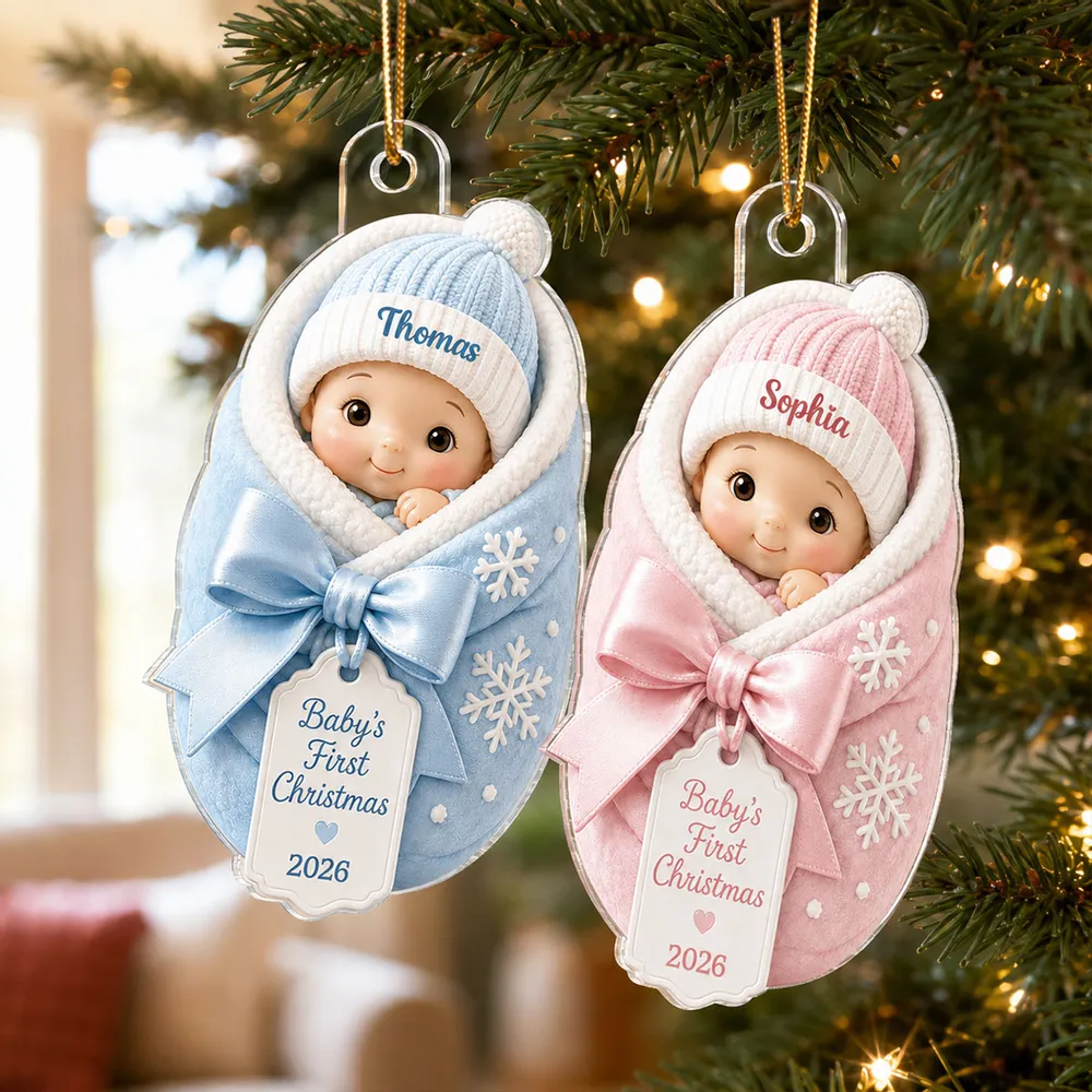 Baby's First Christmas Baby In Swaddle Blanket 2D Flat - Personalized Acrylic Ornament - 1st Christmas Keepsake
