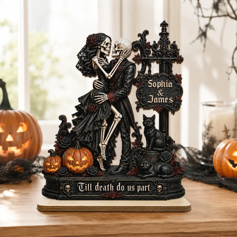 Skeleton Couple Kissing Under Sign Post 2D Flat - Personalized 2-Layered Wooden Plaque - Halloween Decor For Couple