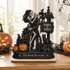 Skeleton Couple Kissing Under Sign Post 2D Flat - Personalized 2-Layered Wooden Plaque - Halloween Decor For Couple