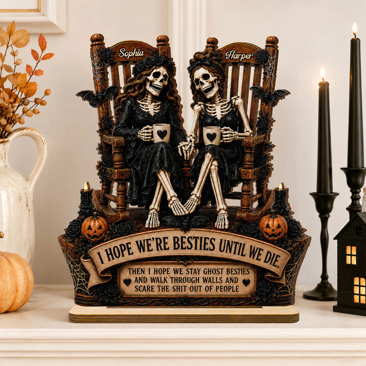 Skeleton Besties Until We Die 2D Flat - Personalized 2-Layered Wooden Plaque - Funny Work Bestie Gift, Halloween Keepsake For Best Friends