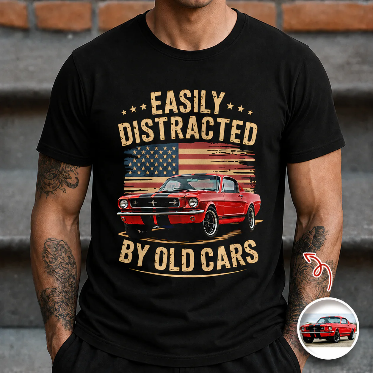 Custom Photo Easily Distracted by Old Cars Classic Car Guy Funny Vintage Shirt