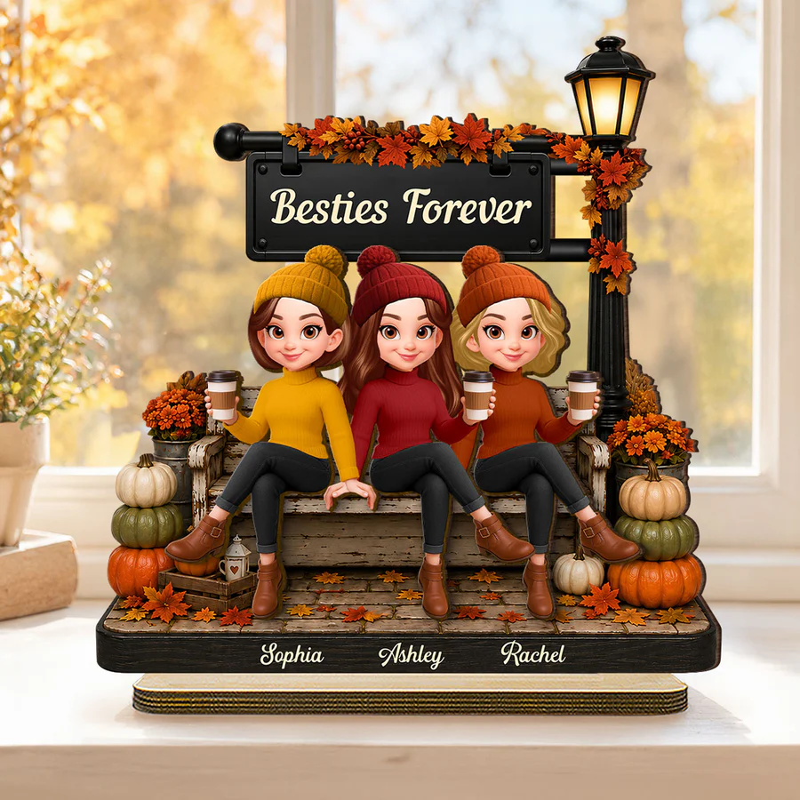 Fall Season Lamp Post Besties Forever - Personalized 2-Layered Wooden Plaque - Fall Gift For Besties