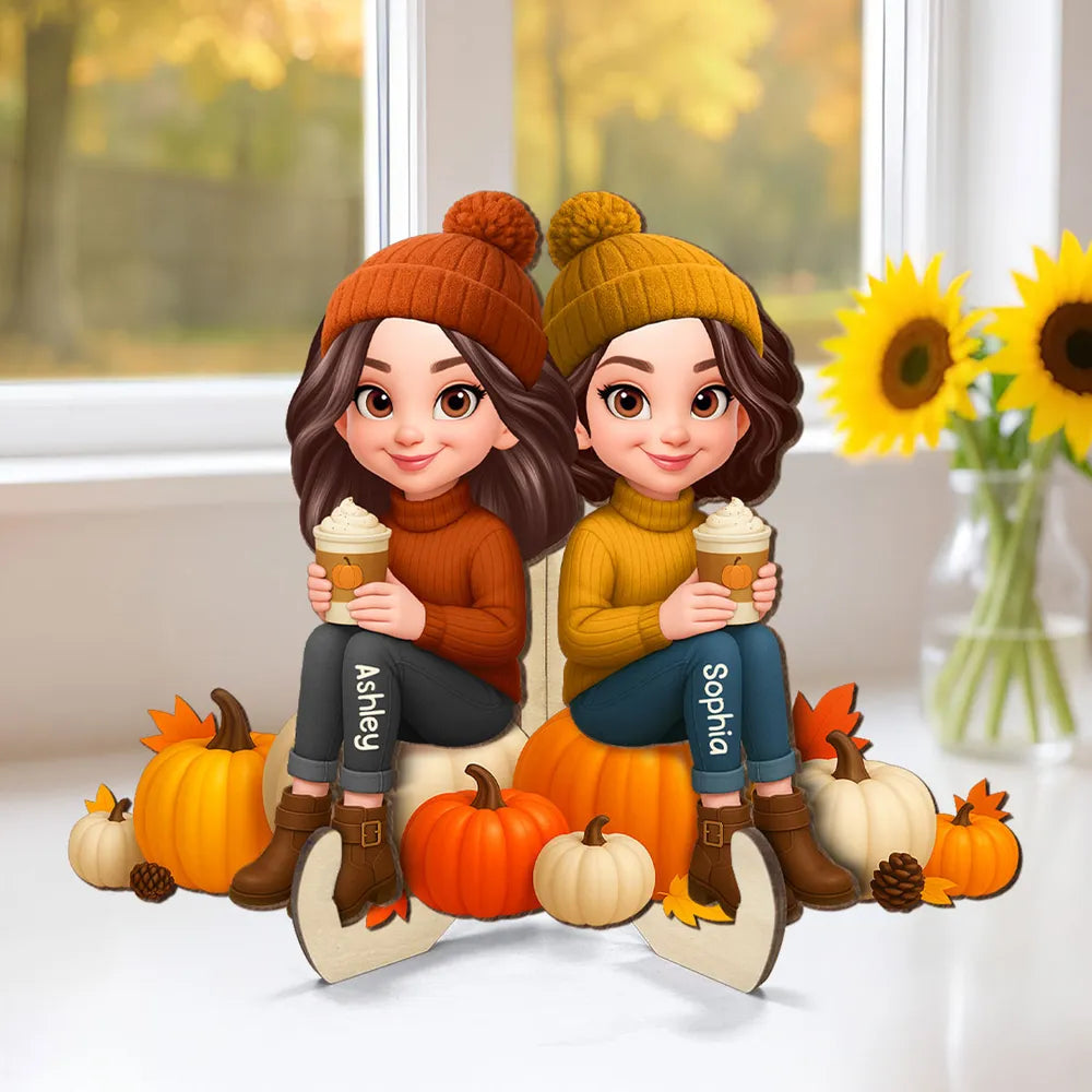 Fall Season Besties Sister Sitting On Pumpkins 3D Effect - Personalized 2-Layered Wooden Plaque