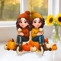 Fall Season Besties Sister Sitting On Pumpkins 3D Effect - Personalized 2-Layered Wooden Plaque