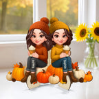 Fall Season Besties Sister Sitting On Pumpkins 3D Effect - Personalized 2-Layered Wooden Plaque