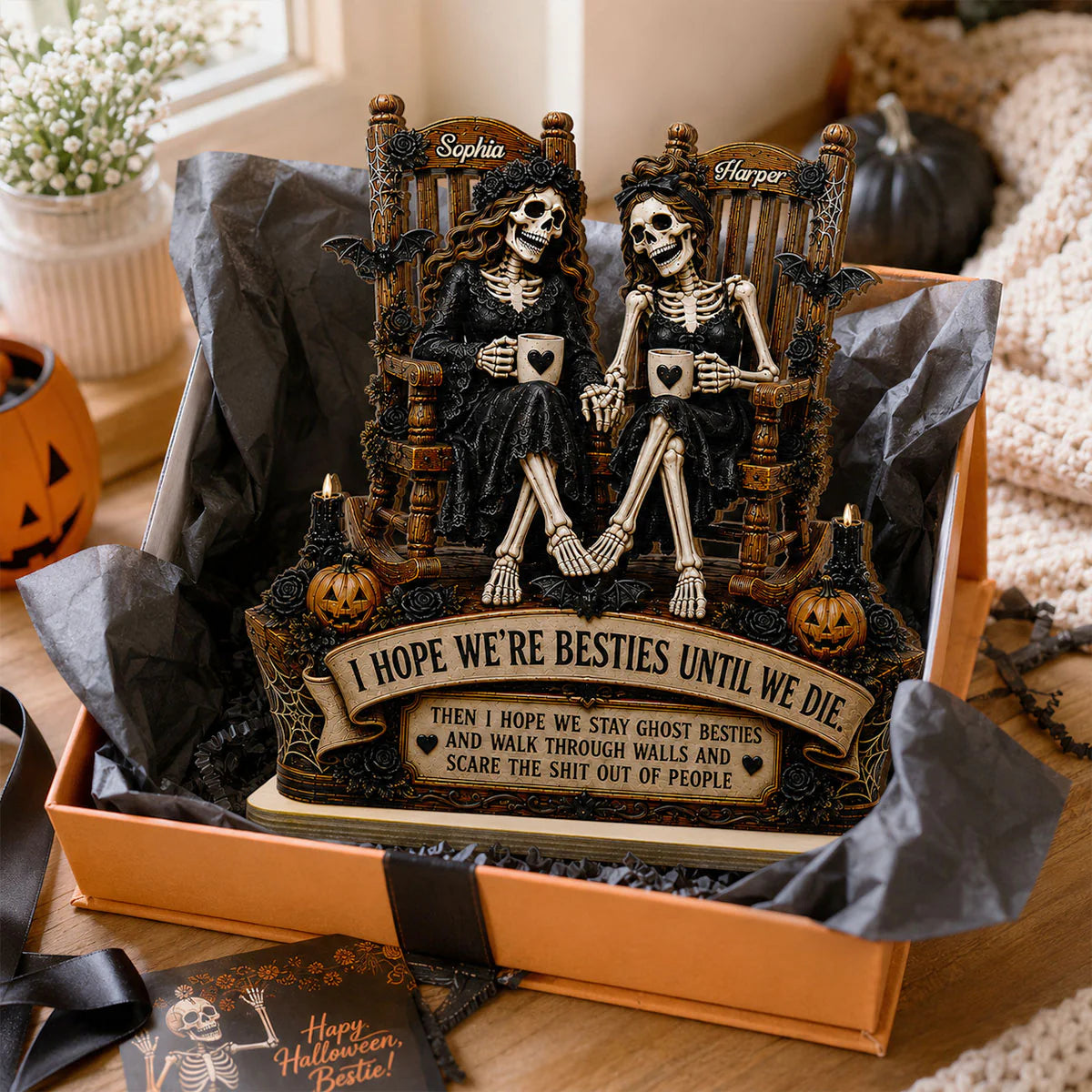 Skeleton Besties Until We Die 2D Flat - Personalized 2-Layered Wooden Plaque - Funny Work Bestie Gift, Halloween Keepsake For Best Friends