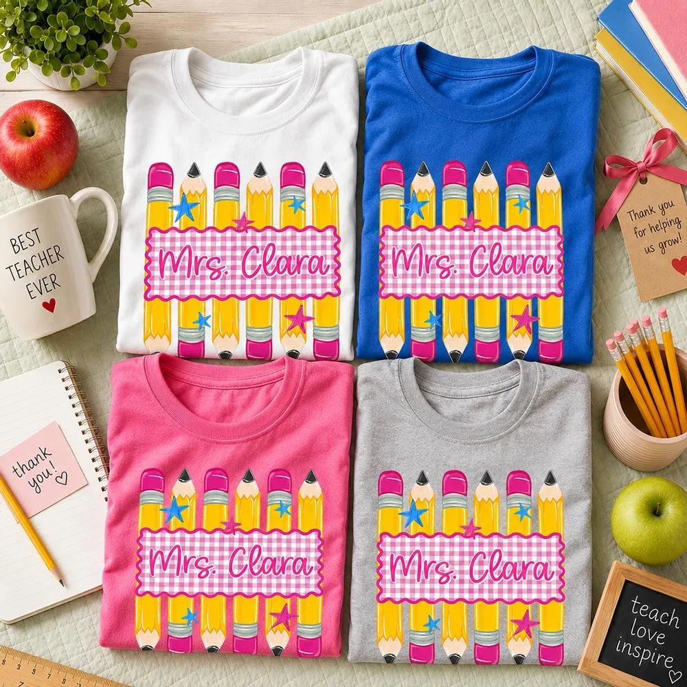Pencil Gingham Stripes Teacher Custom Name - Personalized Shirt - Back To School Gift for Teachers