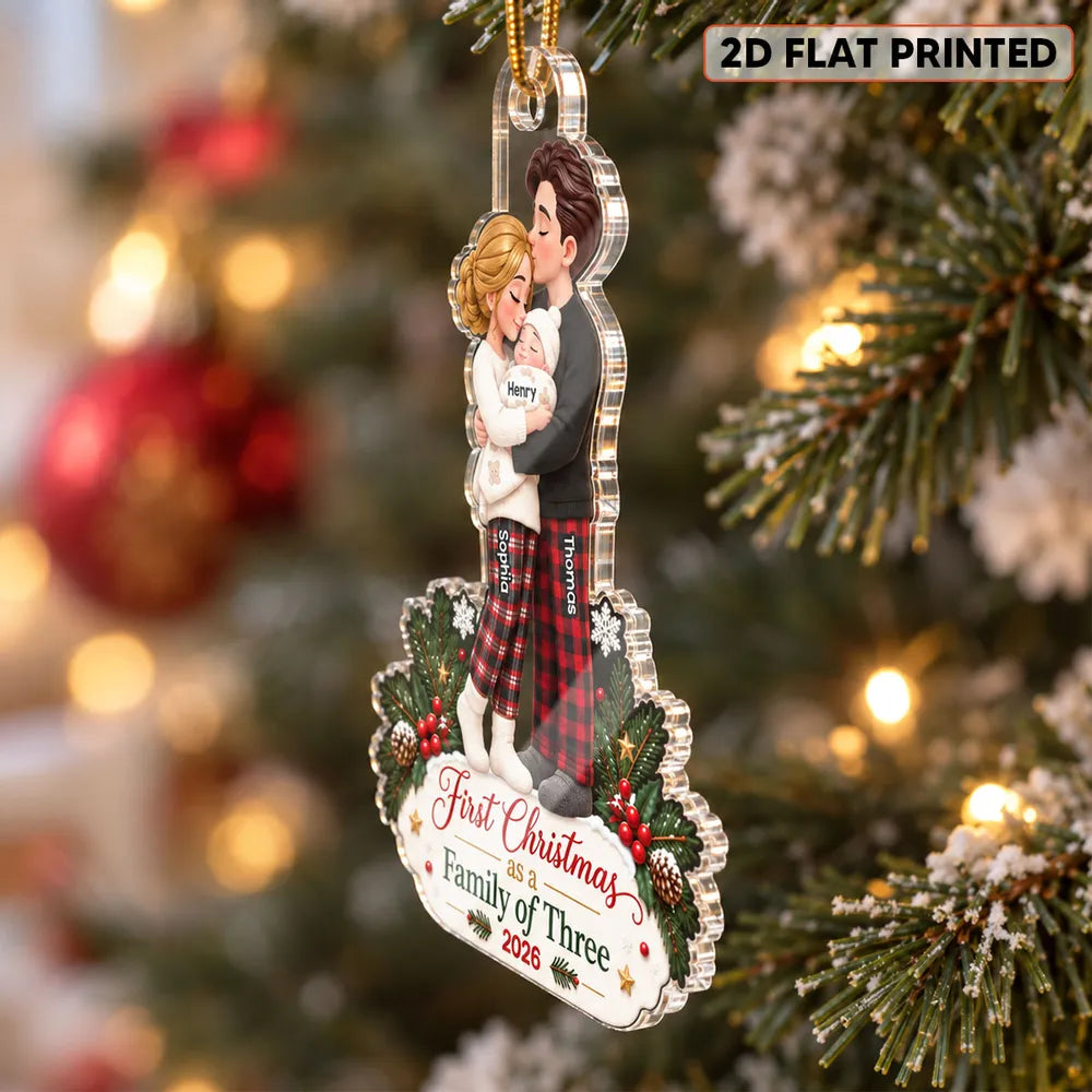 Our First Christmas As Family Of Three 2D Flat Printed - Personalized Acrylic Ornament - Christmas Tree Keepsake For New Parents