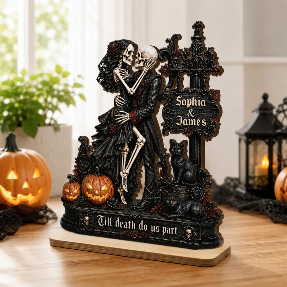 Skeleton Couple Kissing Under Sign Post 2D Flat - Personalized 2-Layered Wooden Plaque - Halloween Decor For Couple