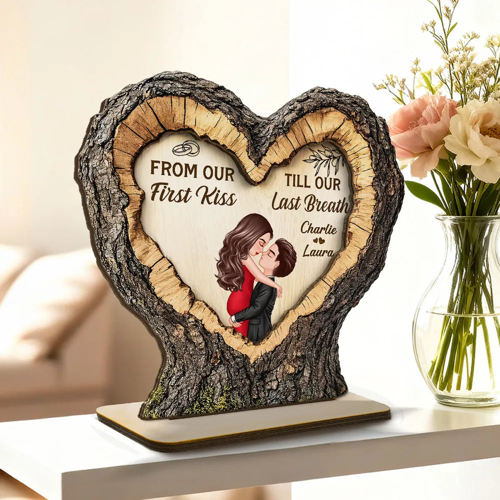 From First Kiss Till Last Breath Couple Kissing 2D Flat - Personalized 2-Layered Wooden Plaque - Anniversary Gift, Valentine's Gift For Him, For Her