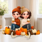 Fall Season Besties Sister Sitting On Pumpkins 3D Effect - Personalized 2-Layered Wooden Plaque