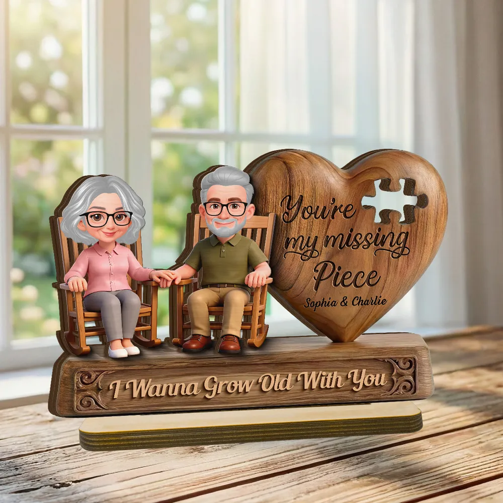 3D Effect Old Couple Sitting On Rocking Chair My Missing Piece - Personalized 2-Layered Wooden Plaque