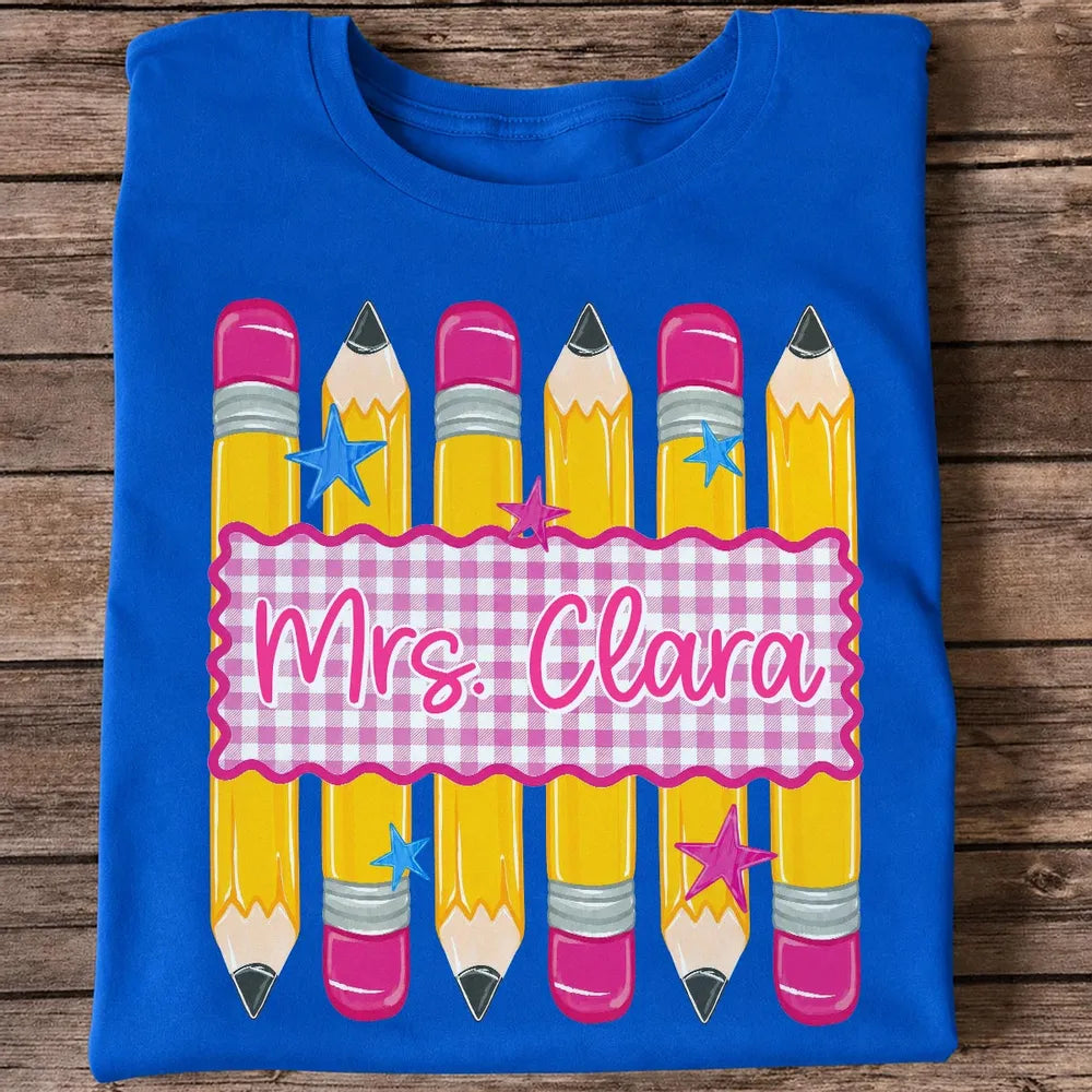 Pencil Gingham Stripes Teacher Custom Name - Personalized Shirt - Back To School Gift for Teachers