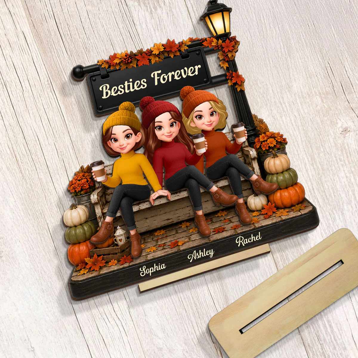 Fall Season Lamp Post Besties Forever - Personalized 2-Layered Wooden Plaque - Fall Gift For Besties