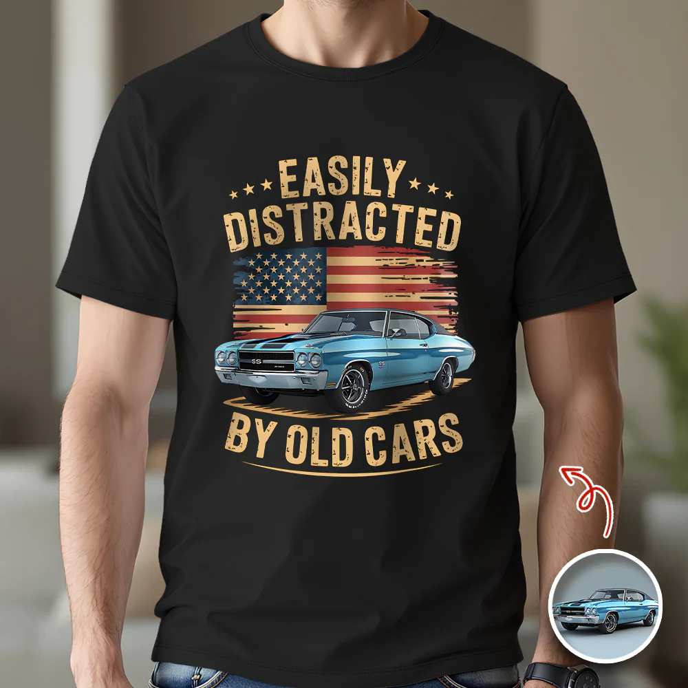 Custom Photo Easily Distracted by Old Cars Classic Car Guy Funny Vintage Shirt