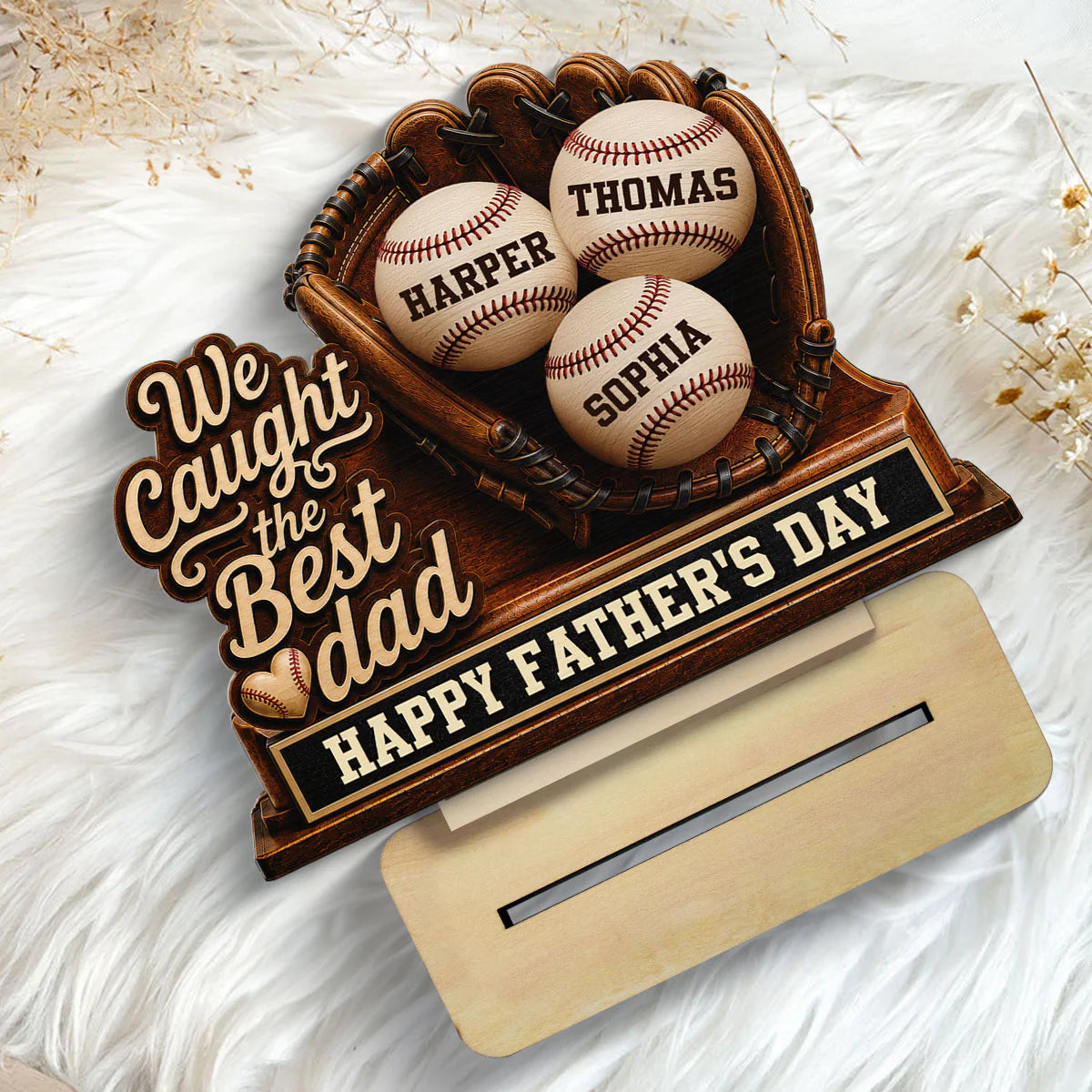 We Caught The Best Dad Baseball In Glove - Personalized 2-Layered Wooden Plaque - Happy Father's Day For Baseball Dad